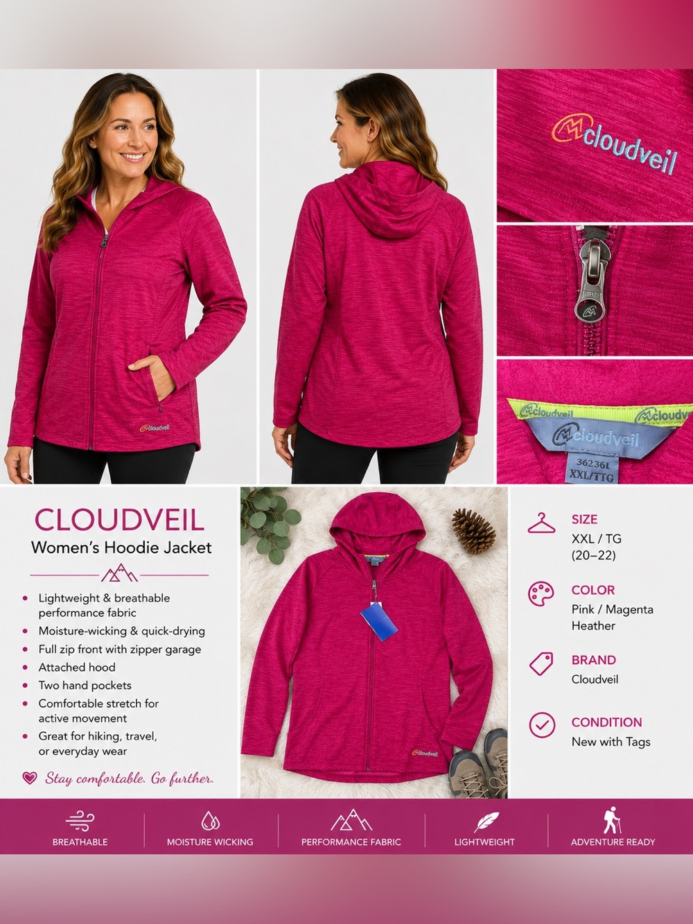 Cloudveil Women's Pink/Magenta Heather Hoodie Jacket